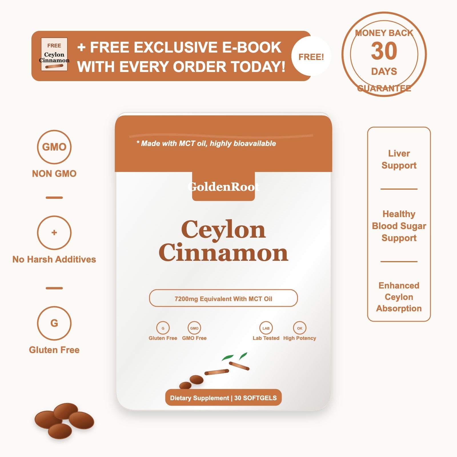 GoldenRoot Ceylon Cinnamon product infographic with ebook bonus and guarantee