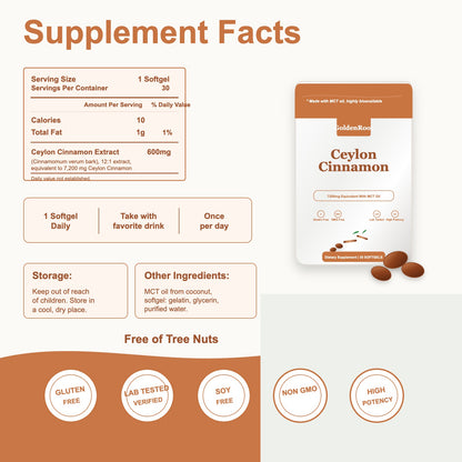 GoldenRoot Ceylon Cinnamon supplement facts and usage infographic