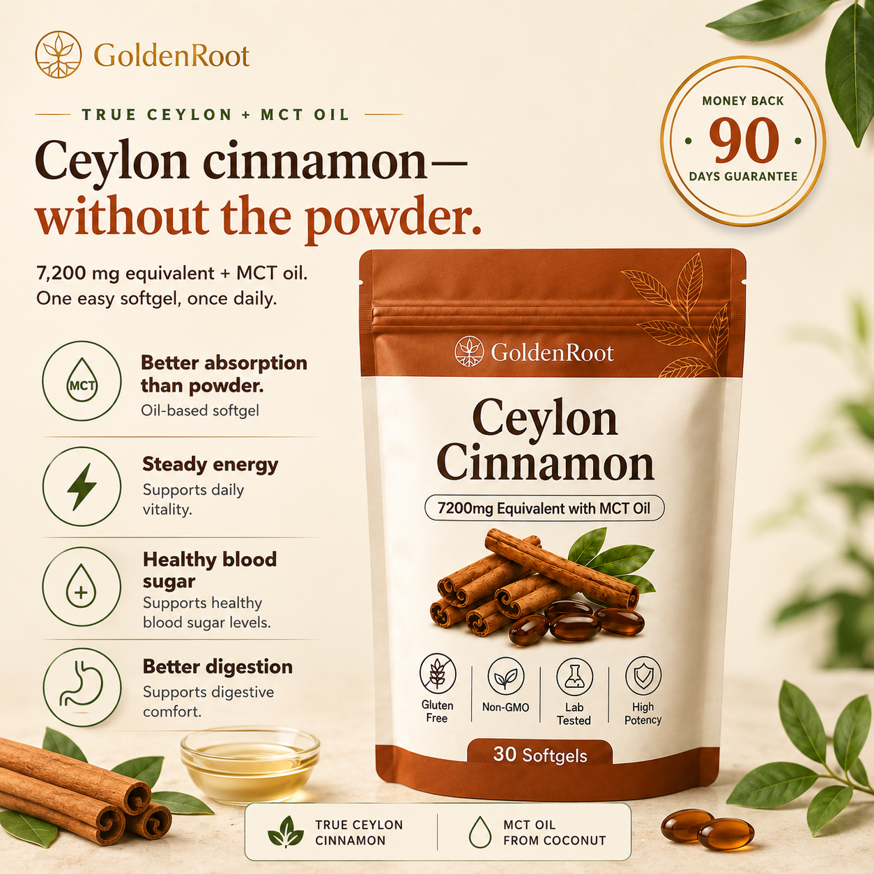 GoldenRoot Ceylon Cinnamon 7200mg Equivalent with MCT Oil