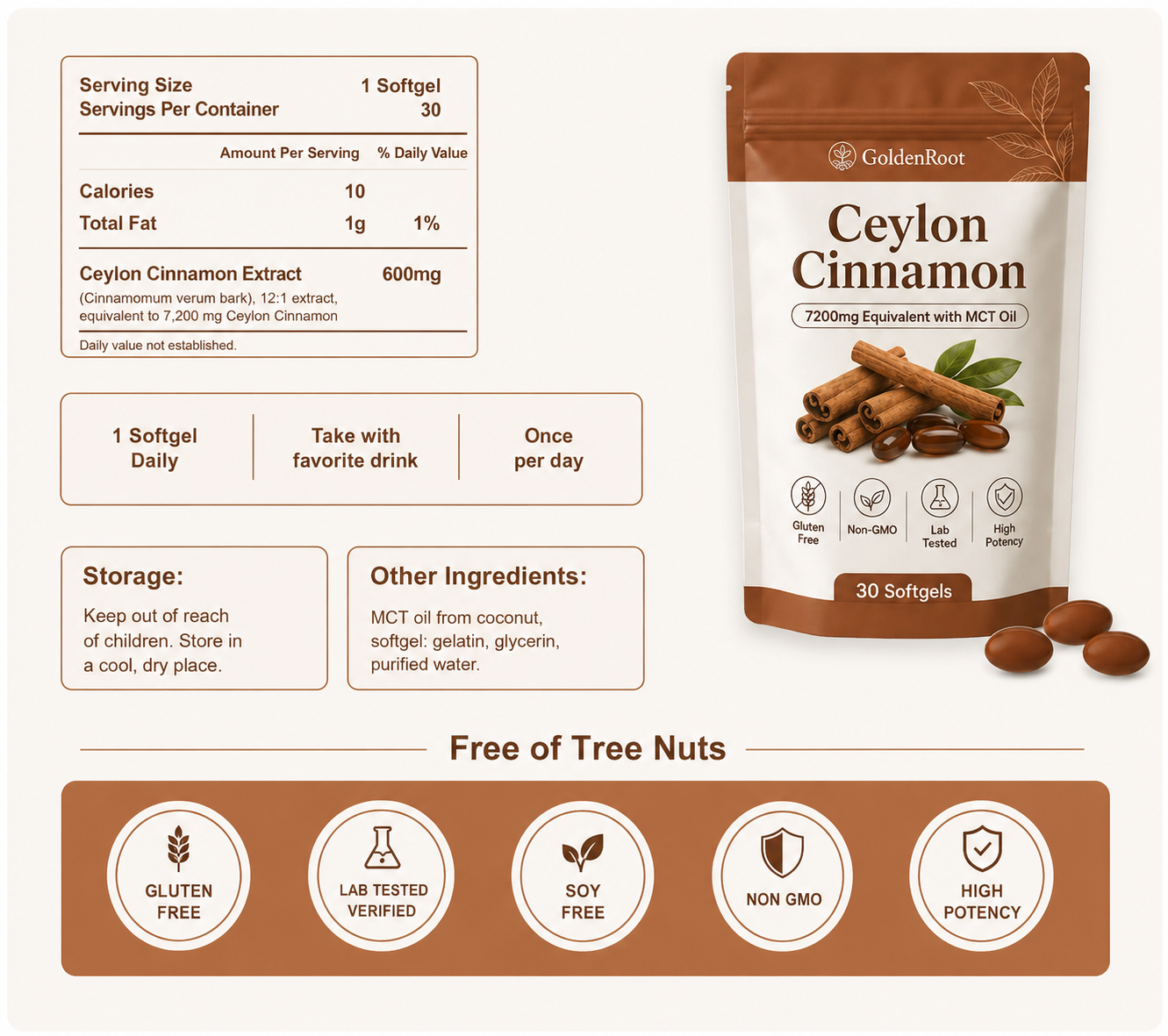 GoldenRoot Ceylon Cinnamon 7200mg Equivalent with MCT Oil