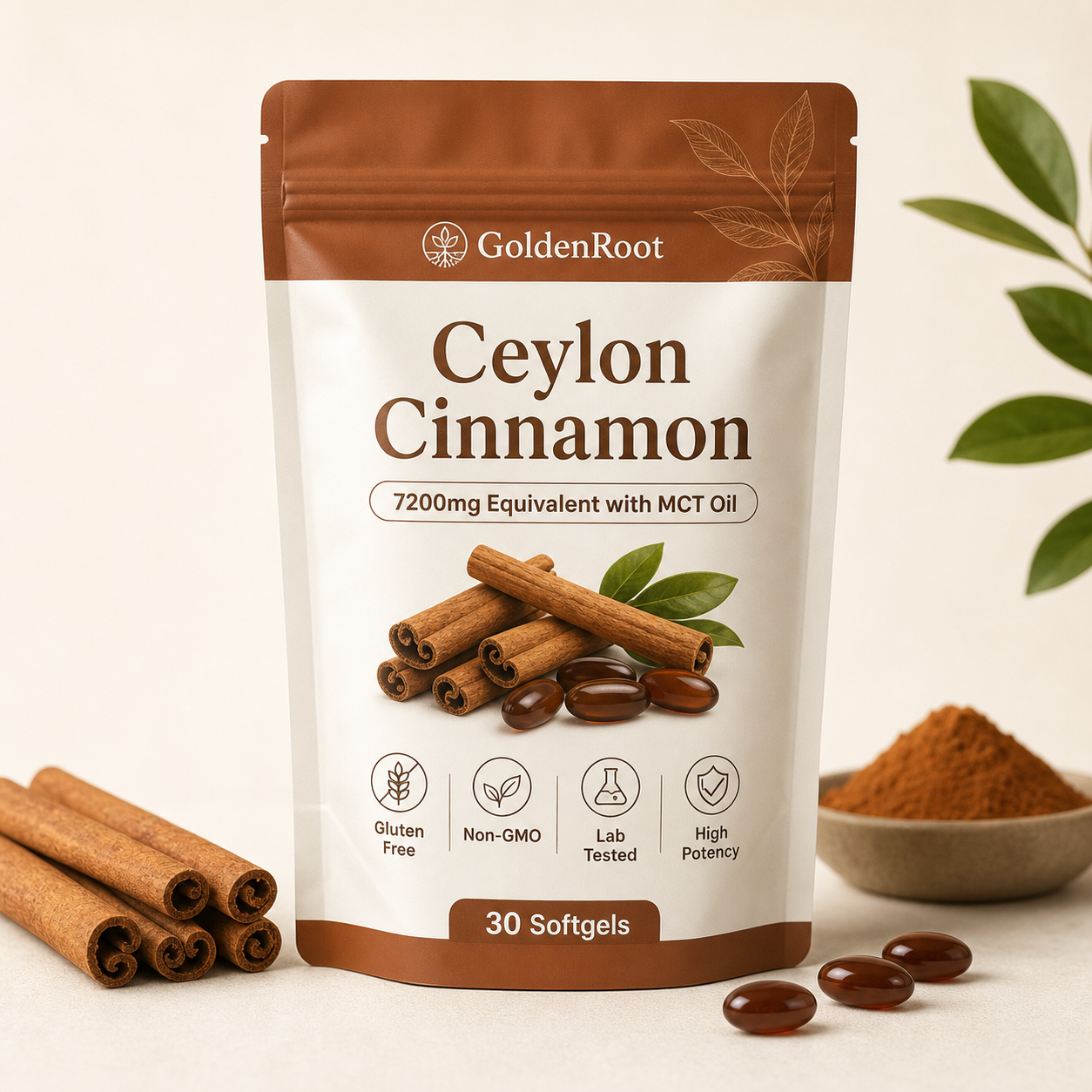 GoldenRoot Ceylon Cinnamon 7200mg Equivalent with MCT Oil softgel pouch