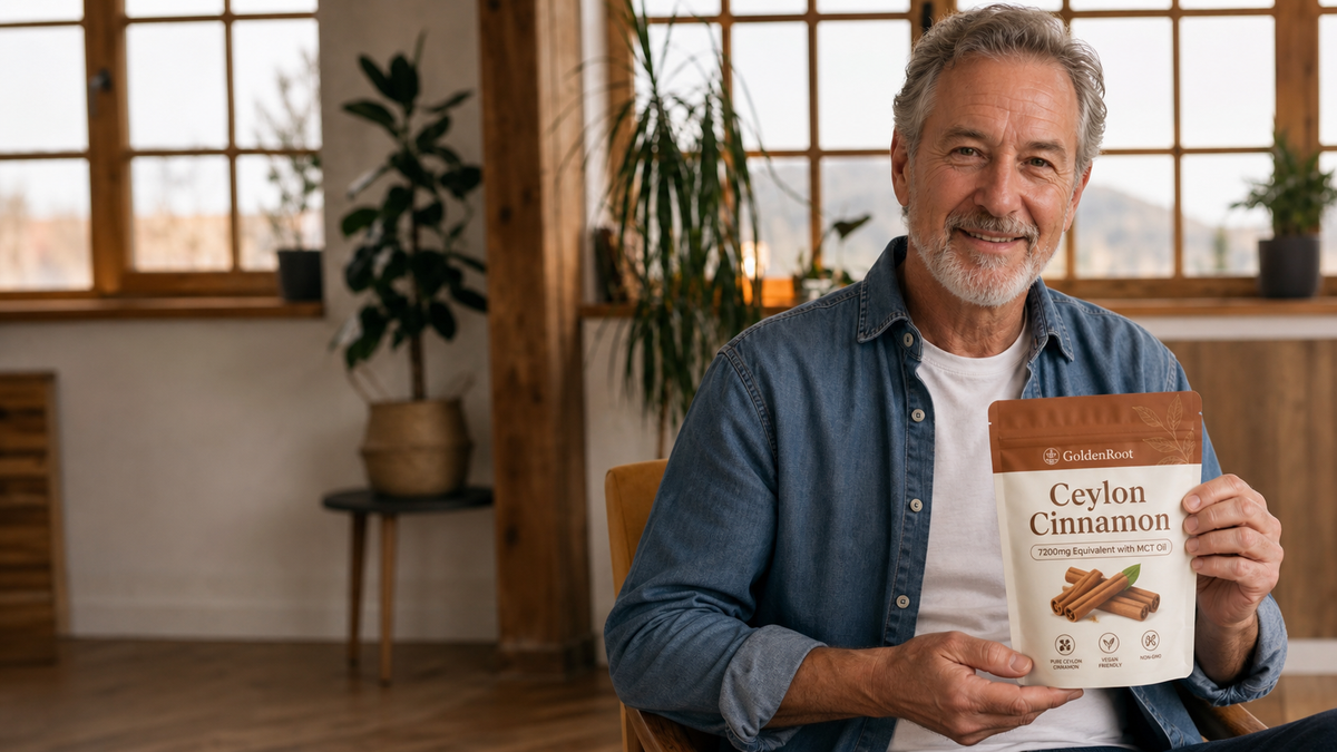 GoldenRoot customer holding Ceylon Cinnamon supplement pouch